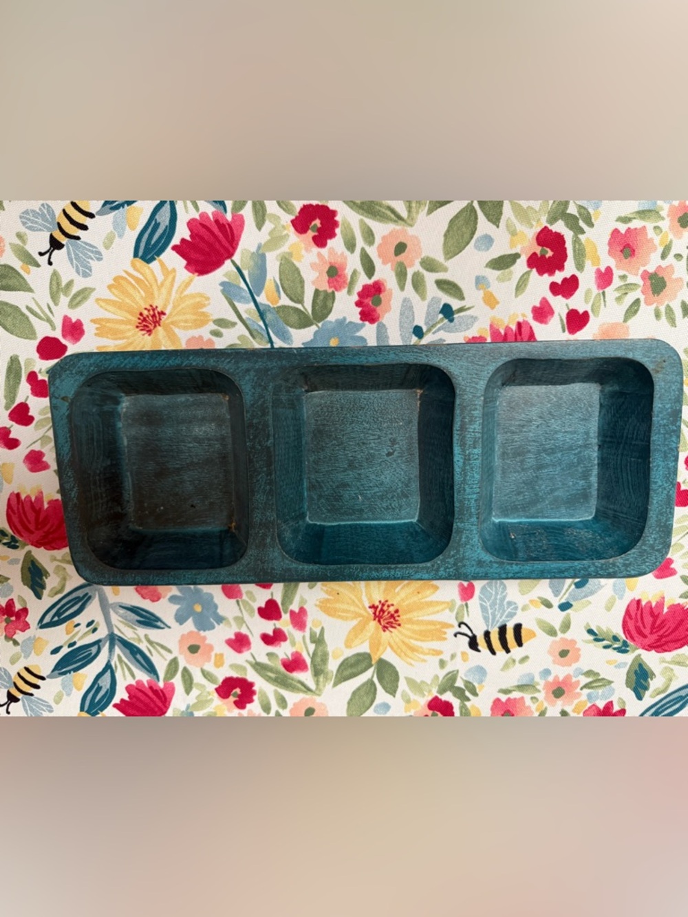Teal Wooden 3-Compartment Serving Tray